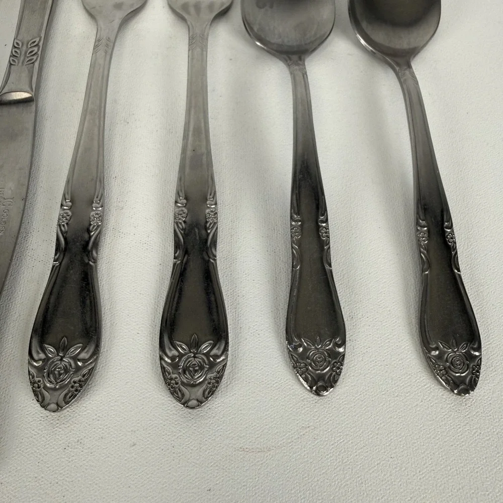 Vintage Golden Lifetime Cutlery Stainless Steel Floral Rose Set of 9 Flatware